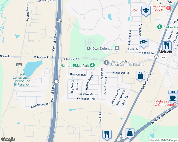 map of restaurants, bars, coffee shops, grocery stores, and more near 2505 Quail Ridge Road in Melissa