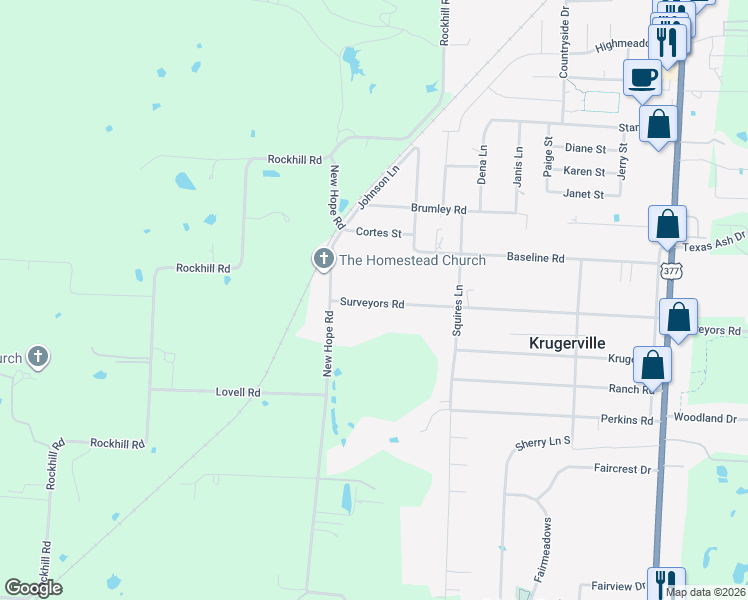 map of restaurants, bars, coffee shops, grocery stores, and more near 500 Surveyors Road in Krugerville