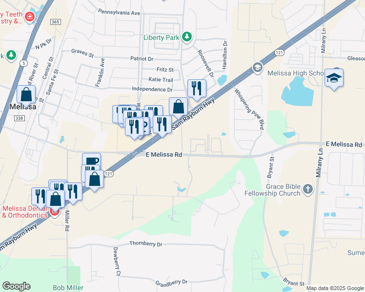 map of restaurants, bars, coffee shops, grocery stores, and more near 3227 Farm to Market Road 545 in Melissa