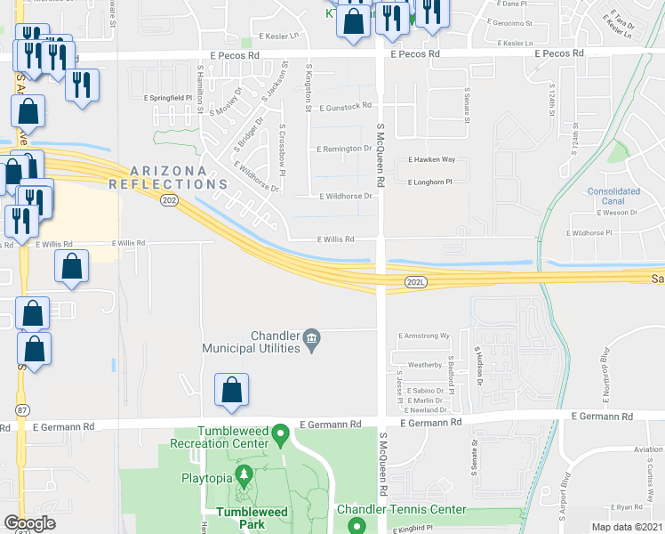 map of restaurants, bars, coffee shops, grocery stores, and more near 11875 East Willis Road in Chandler