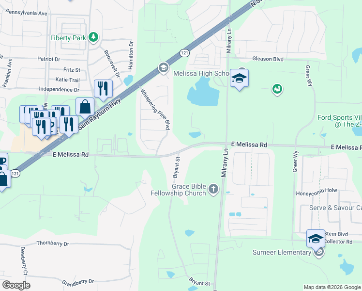 map of restaurants, bars, coffee shops, grocery stores, and more near 3307 Farm to Market Road 545 in Melissa