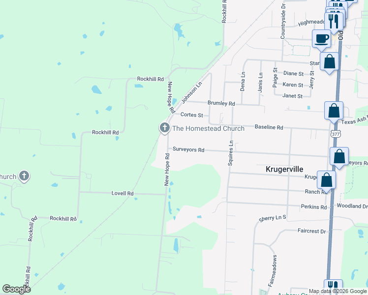 map of restaurants, bars, coffee shops, grocery stores, and more near 500 Surveyors Road in Krugerville