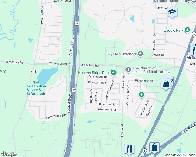 map of restaurants, bars, coffee shops, grocery stores, and more near 2517 Quail Ridge Road in Melissa