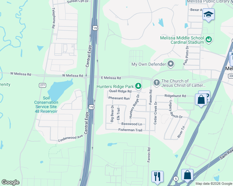 map of restaurants, bars, coffee shops, grocery stores, and more near 2529 Quail Ridge Road in Melissa