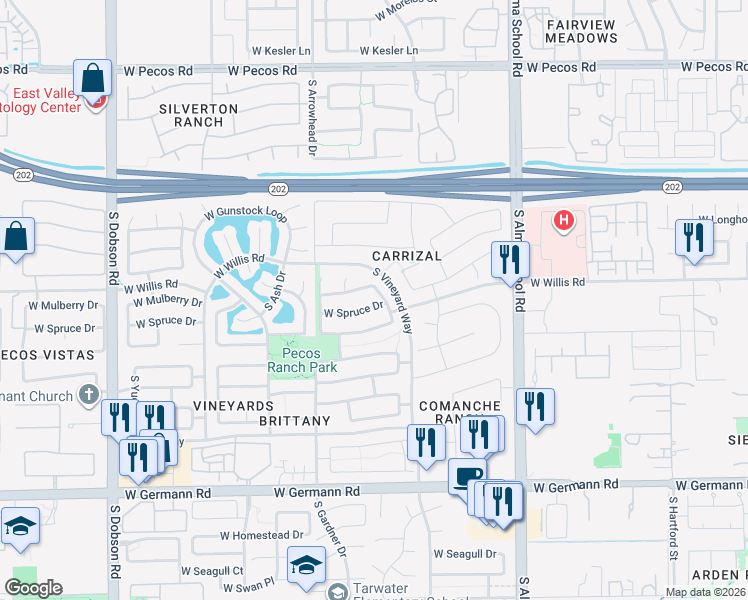 map of restaurants, bars, coffee shops, grocery stores, and more near 1381 West Mulberry Drive in Chandler