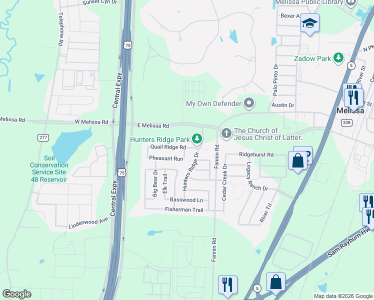map of restaurants, bars, coffee shops, grocery stores, and more near 2505 Quail Ridge Road in Melissa