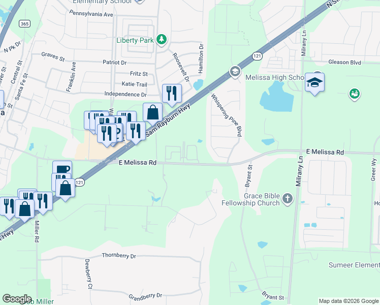 map of restaurants, bars, coffee shops, grocery stores, and more near 2730 East Melissa Road in Melissa
