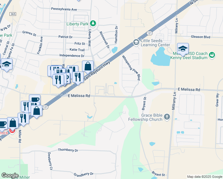 map of restaurants, bars, coffee shops, grocery stores, and more near 2923 Aspen Way in Melissa