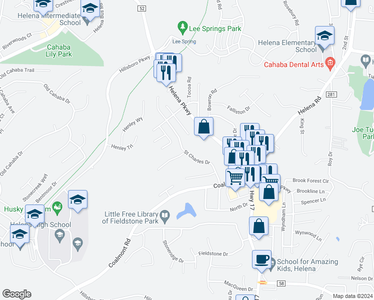 map of restaurants, bars, coffee shops, grocery stores, and more near 126 Saint Charles Drive in Helena