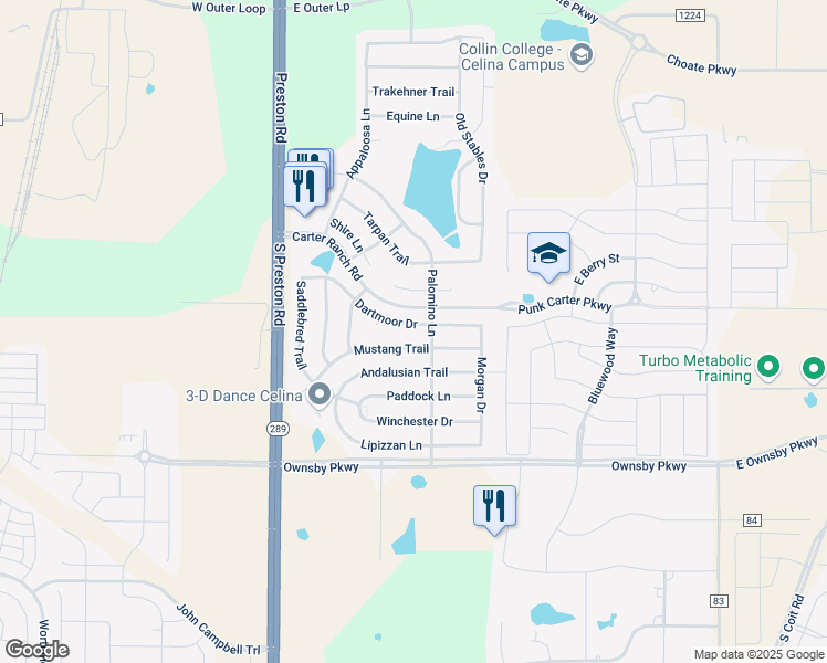 map of restaurants, bars, coffee shops, grocery stores, and more near 424 Dartmoor Drive in Celina