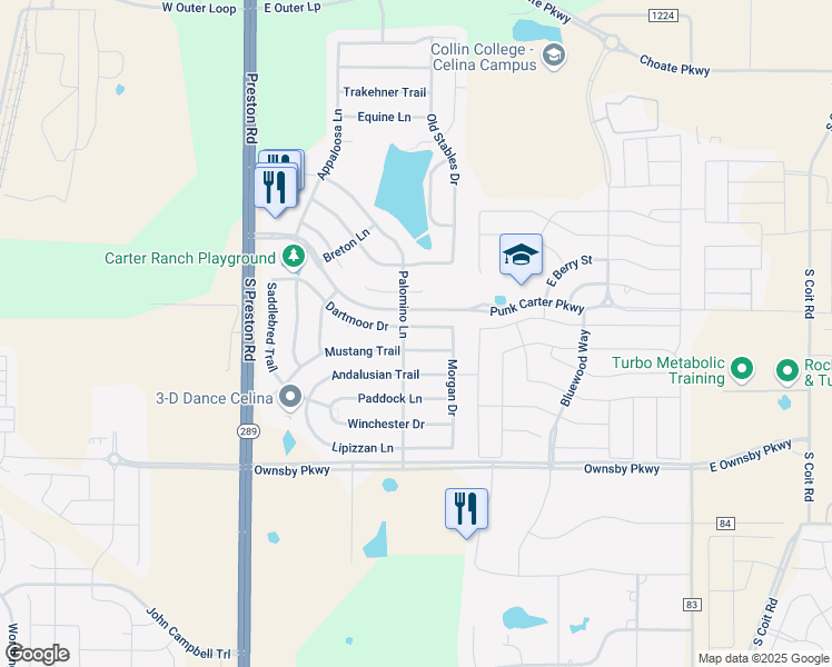 map of restaurants, bars, coffee shops, grocery stores, and more near 503 Dartmoor Drive in Celina