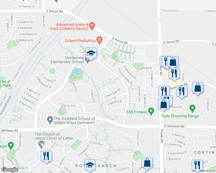 map of restaurants, bars, coffee shops, grocery stores, and more near 4436 East Maplewood Street in Gilbert