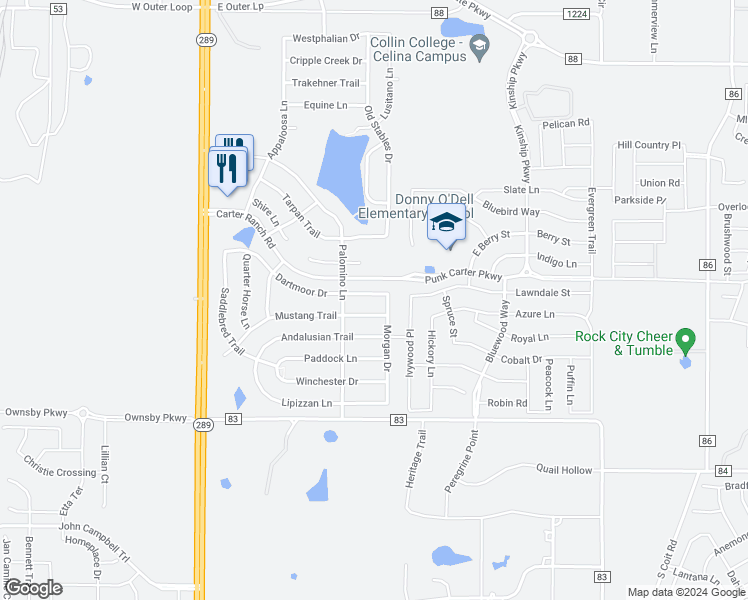 map of restaurants, bars, coffee shops, grocery stores, and more near 513 Dartmoor Drive in Celina