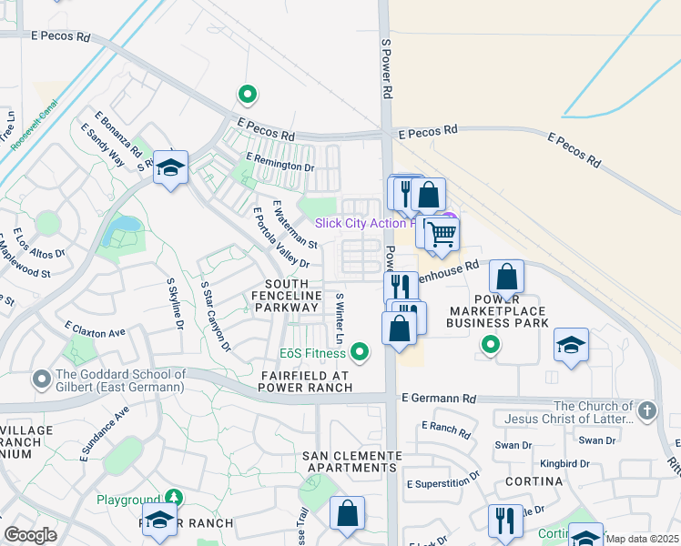 map of restaurants, bars, coffee shops, grocery stores, and more near 3708 South Winter Lane in Gilbert
