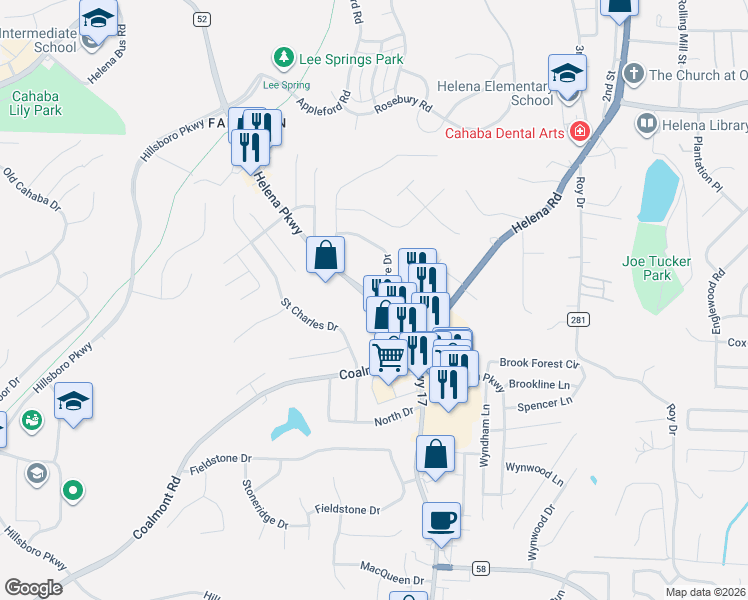 map of restaurants, bars, coffee shops, grocery stores, and more near 4804 Hwy 52 in Helena
