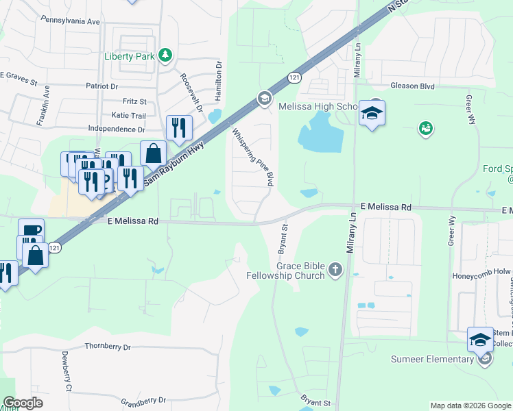 map of restaurants, bars, coffee shops, grocery stores, and more near 2916 Whispering Pine Boulevard in Melissa