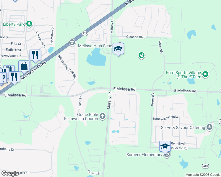 map of restaurants, bars, coffee shops, grocery stores, and more near 3600 West FM 545 in Melissa