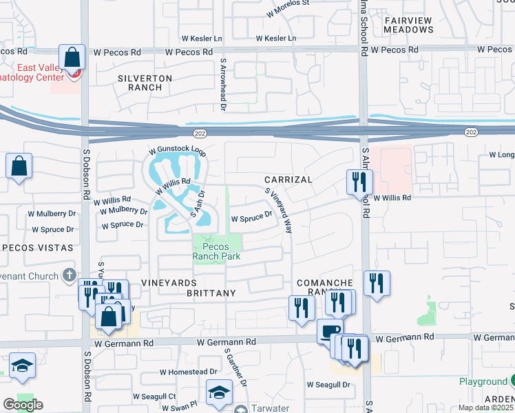 map of restaurants, bars, coffee shops, grocery stores, and more near 1381 West Mulberry Drive in Chandler