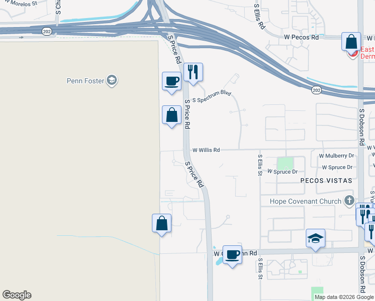 map of restaurants, bars, coffee shops, grocery stores, and more near 1501 South Price Road in Chandler