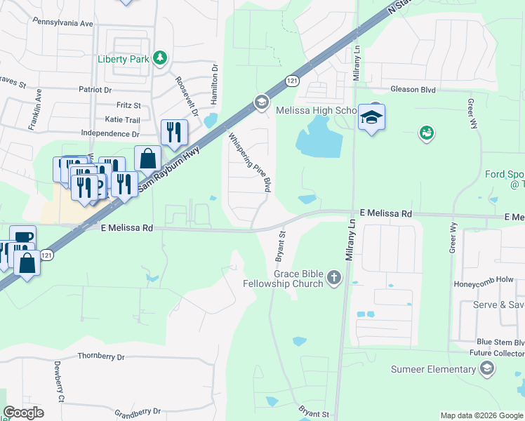 map of restaurants, bars, coffee shops, grocery stores, and more near 2916 Whispering Pine Boulevard in Melissa