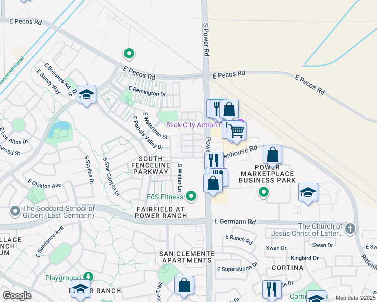 map of restaurants, bars, coffee shops, grocery stores, and more near 3708 South Winter Lane in Gilbert