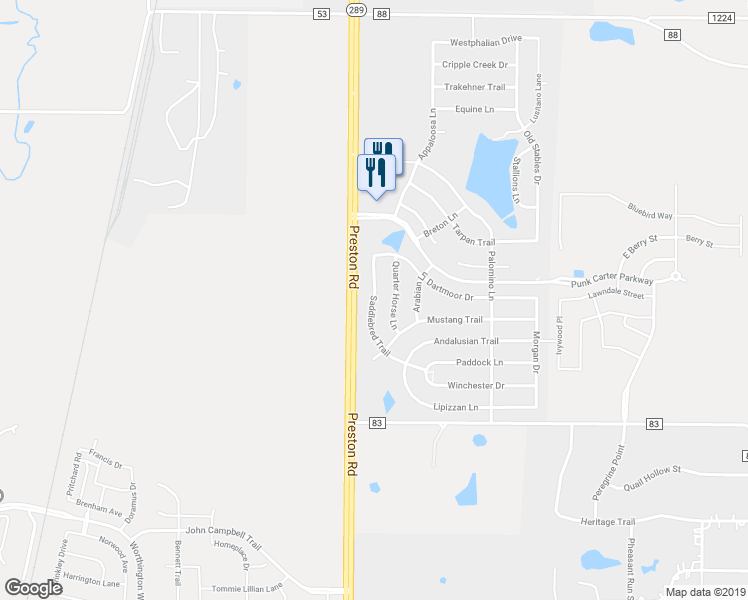 map of restaurants, bars, coffee shops, grocery stores, and more near 2822 Saddlebred Trail in Celina