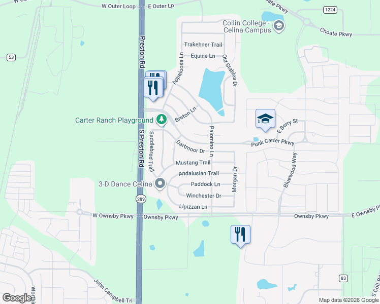 map of restaurants, bars, coffee shops, grocery stores, and more near 413 Dartmoor Drive in Celina