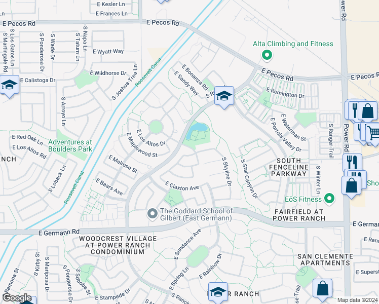 map of restaurants, bars, coffee shops, grocery stores, and more near 4186 East Los Altos Road in Gilbert