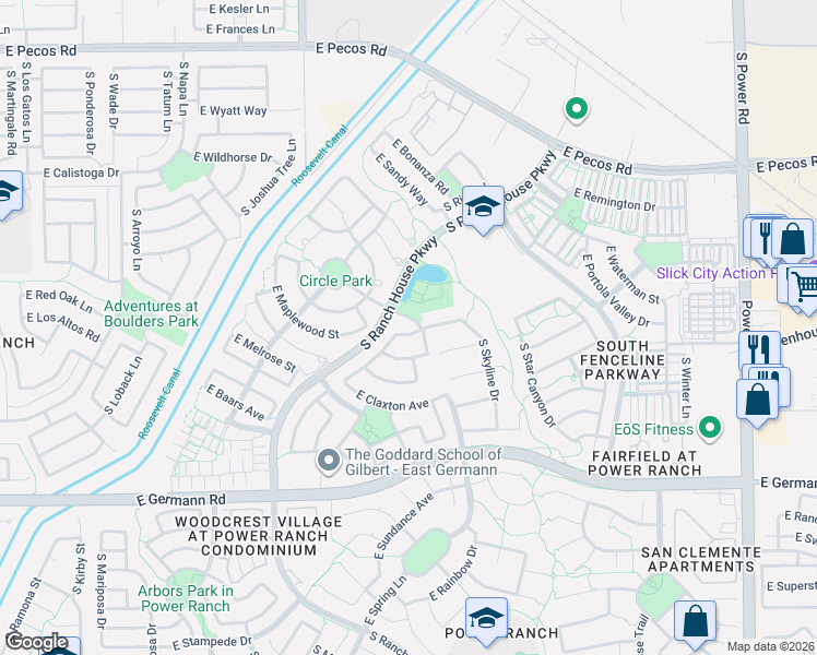 map of restaurants, bars, coffee shops, grocery stores, and more near 4186 East Los Altos Road in Gilbert