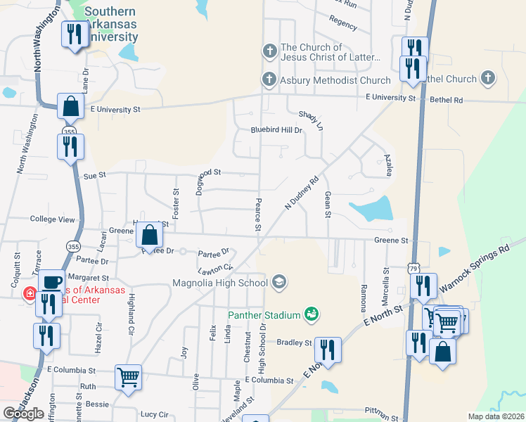 map of restaurants, bars, coffee shops, grocery stores, and more near 1804 Pearce Street in Magnolia