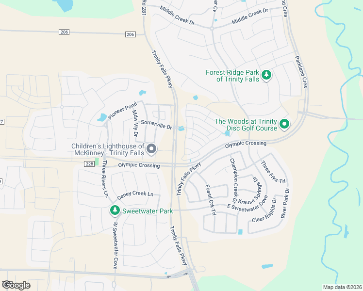 map of restaurants, bars, coffee shops, grocery stores, and more near Trinity Falls Parkway in McKinney