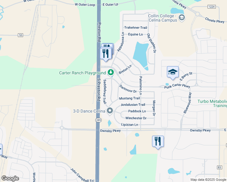 map of restaurants, bars, coffee shops, grocery stores, and more near 2816 Quarter Horse Lane in Celina