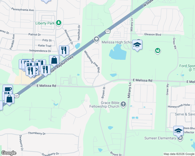 map of restaurants, bars, coffee shops, grocery stores, and more near 2916 Whispering Pine Boulevard in Melissa
