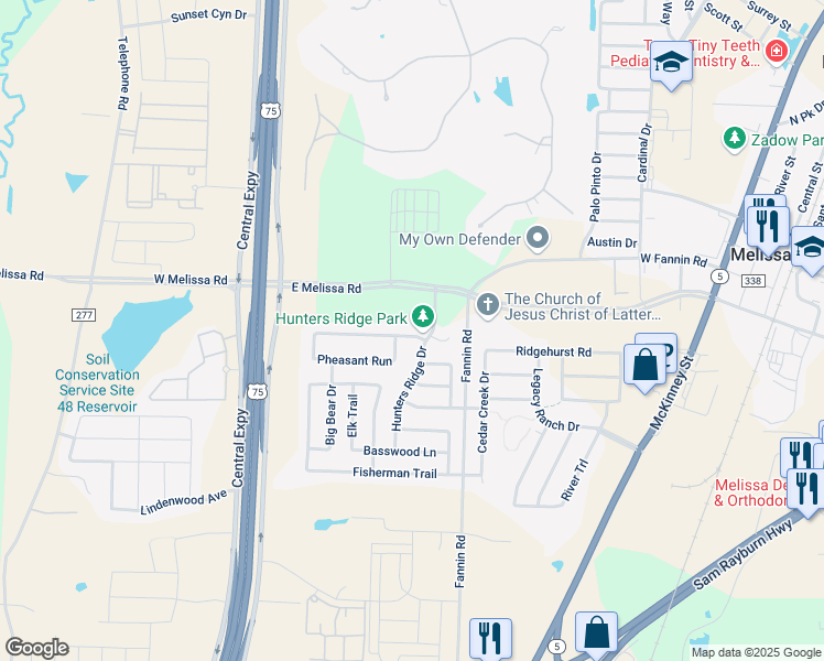 map of restaurants, bars, coffee shops, grocery stores, and more near 2505 Quail Ridge Rd in Melissa