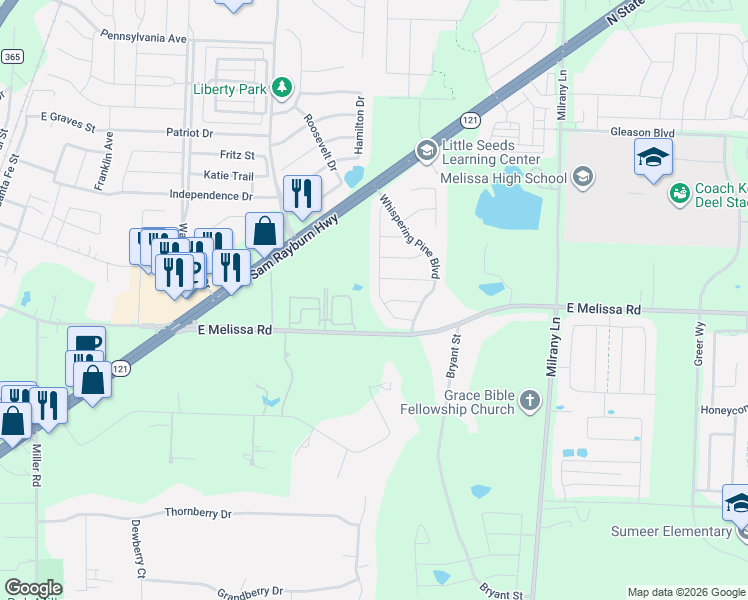 map of restaurants, bars, coffee shops, grocery stores, and more near 2923 Aspen Way in Melissa