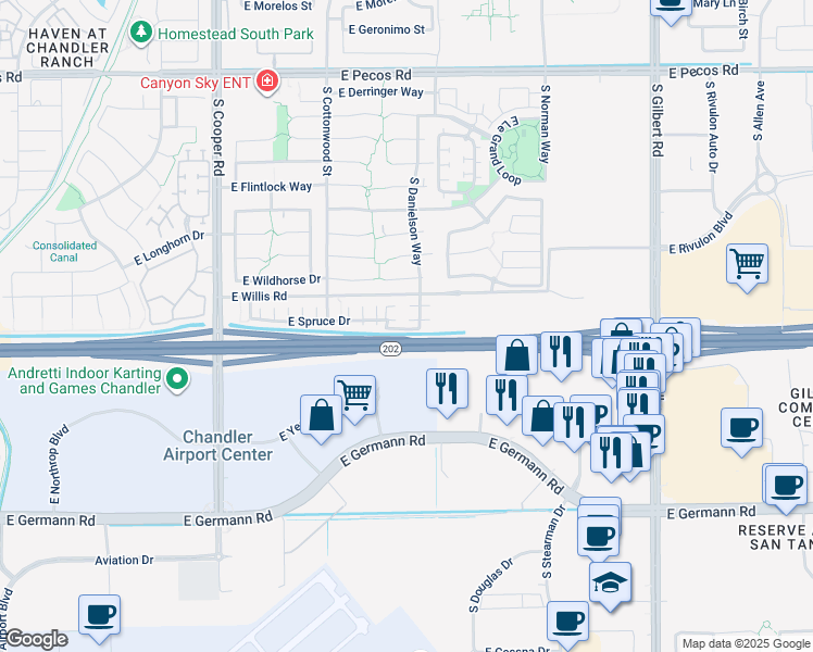 map of restaurants, bars, coffee shops, grocery stores, and more near 1562 South Danielson Way in Chandler