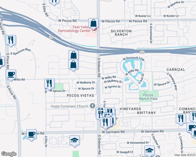map of restaurants, bars, coffee shops, grocery stores, and more near S Dobson Rd & W Willis Rd in Chandler