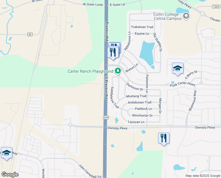 map of restaurants, bars, coffee shops, grocery stores, and more near 2821 Saddlebred Trail in Celina