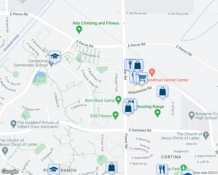 map of restaurants, bars, coffee shops, grocery stores, and more near 3708 South Winter Lane in Gilbert
