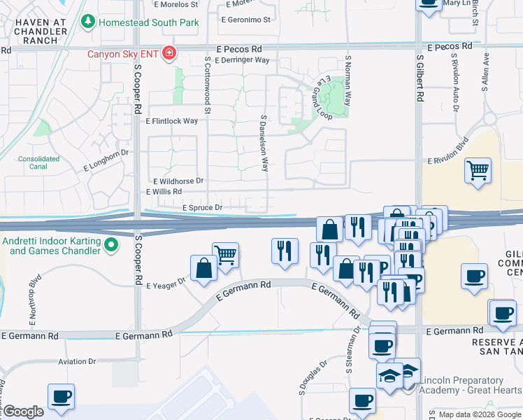 map of restaurants, bars, coffee shops, grocery stores, and more near 1562 South Danielson Way in Chandler