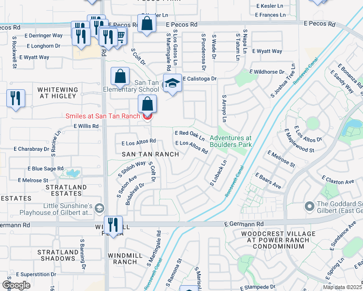 map of restaurants, bars, coffee shops, grocery stores, and more near 3507 East Los Altos Road in Gilbert