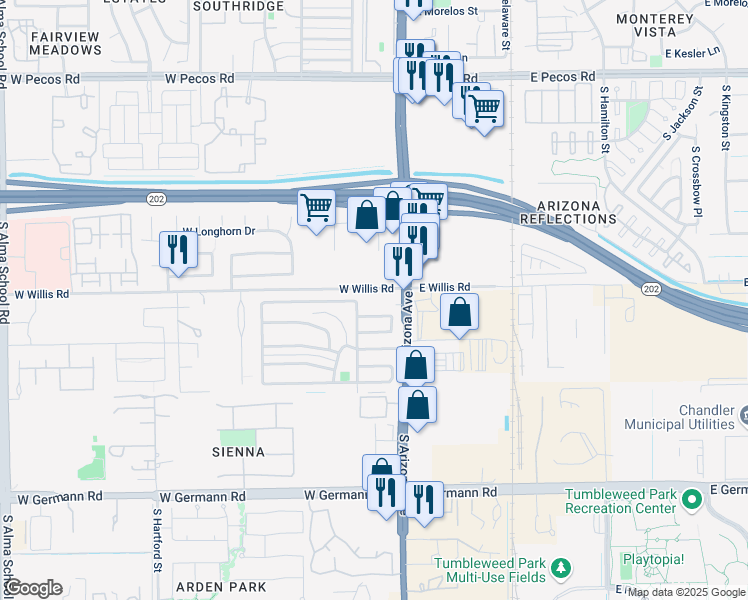 map of restaurants, bars, coffee shops, grocery stores, and more near 7 West Willis Road in Chandler