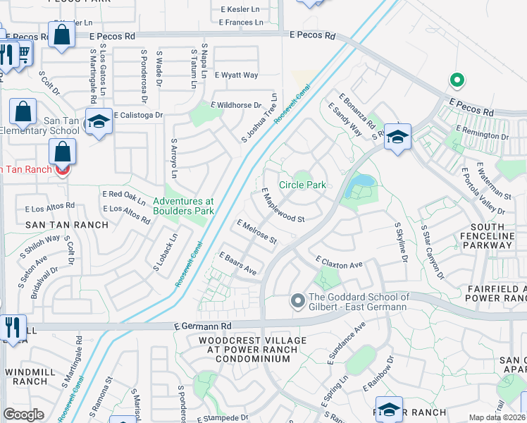 map of restaurants, bars, coffee shops, grocery stores, and more near 3936 East Blue Sage Road in Gilbert