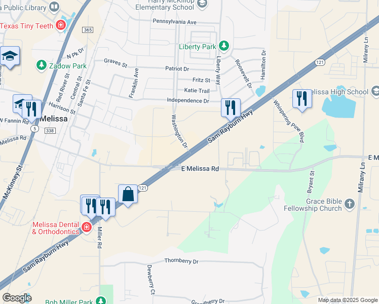 map of restaurants, bars, coffee shops, grocery stores, and more near State 121 in Melissa