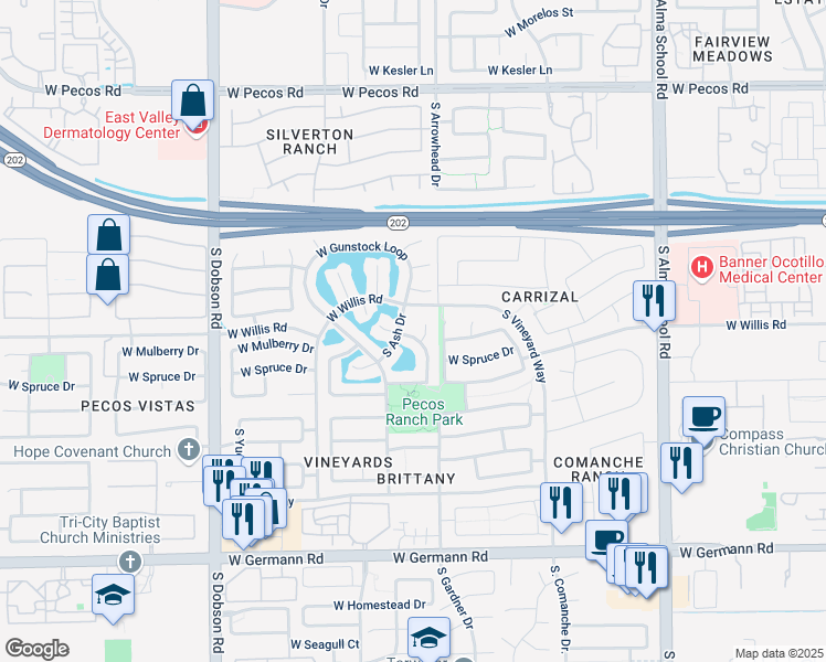 map of restaurants, bars, coffee shops, grocery stores, and more near 1619 South Sycamore Place in Chandler