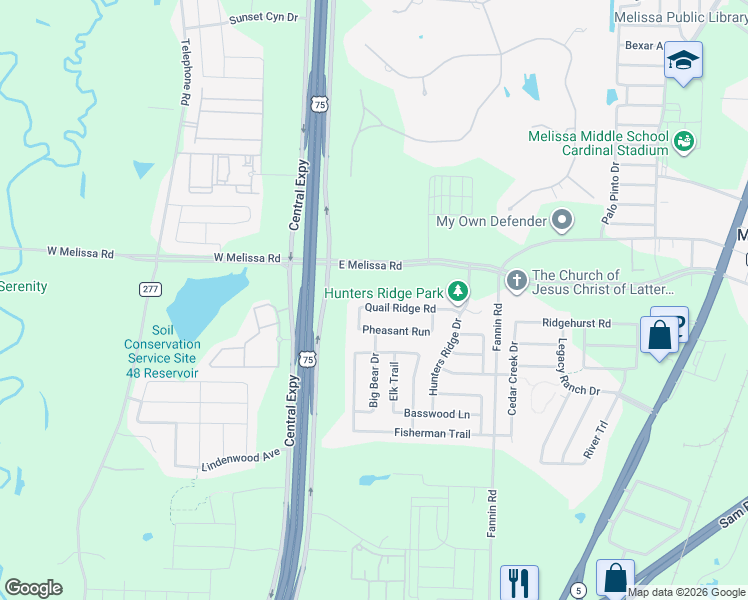 map of restaurants, bars, coffee shops, grocery stores, and more near 2529 Quail Ridge Rd in Melissa