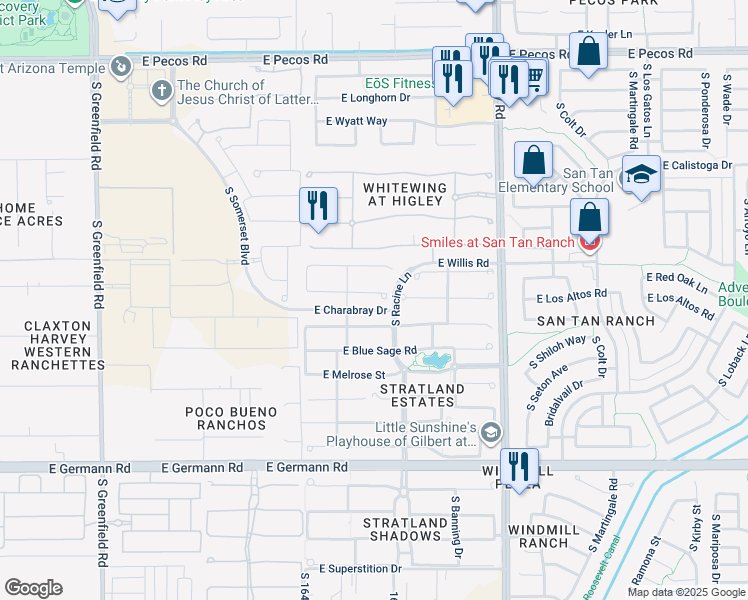 map of restaurants, bars, coffee shops, grocery stores, and more near 2941 East Los Altos Court in Gilbert