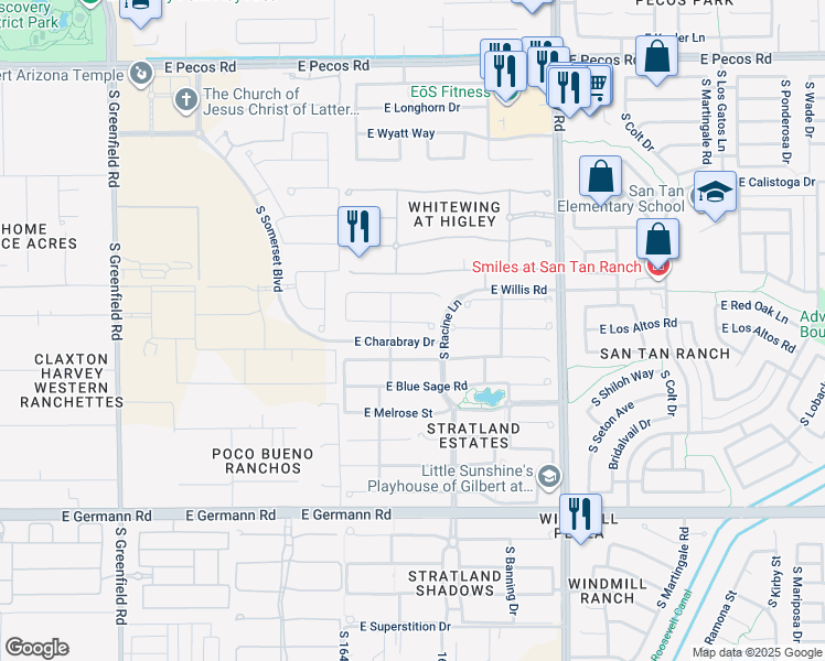 map of restaurants, bars, coffee shops, grocery stores, and more near 2941 East Los Altos Court in Gilbert
