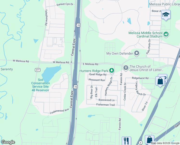 map of restaurants, bars, coffee shops, grocery stores, and more near 2529 Quail Ridge Road in Melissa