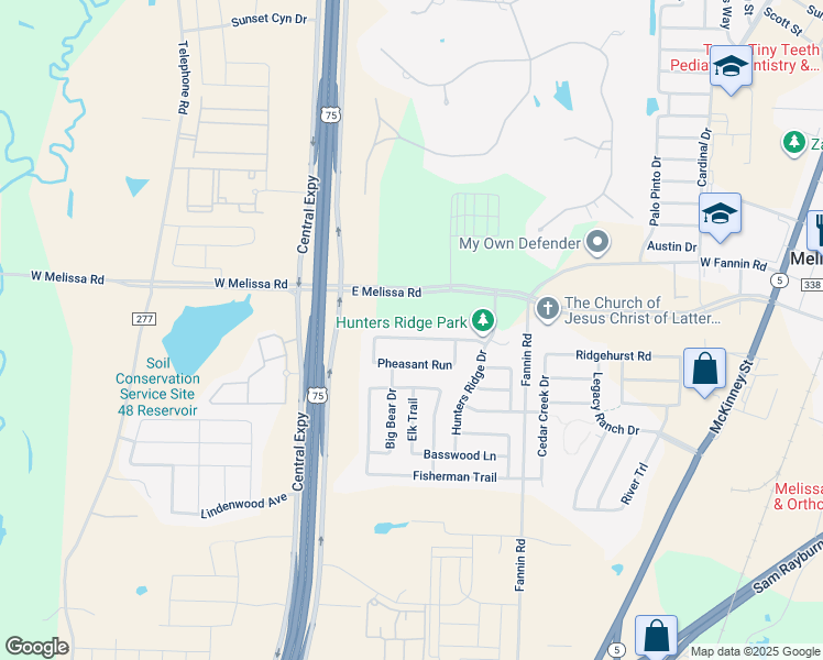 map of restaurants, bars, coffee shops, grocery stores, and more near 2523 Quail Ridge Road in Melissa